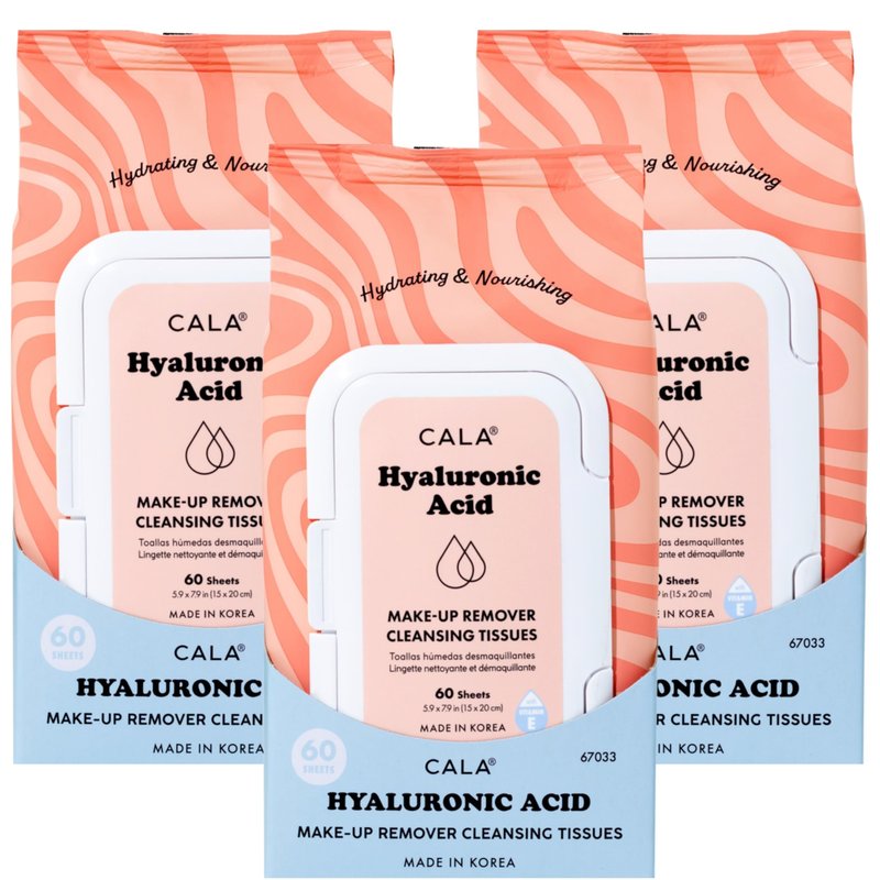 CALA Makeup Remover Cleansing Tissues: Hyaluronic Acid (60 Sheets) - Hydrating, Gentle Wipes for a Smooth, Radiant Complexion, Safe for All Skin Types (180 count, Pack of 3)