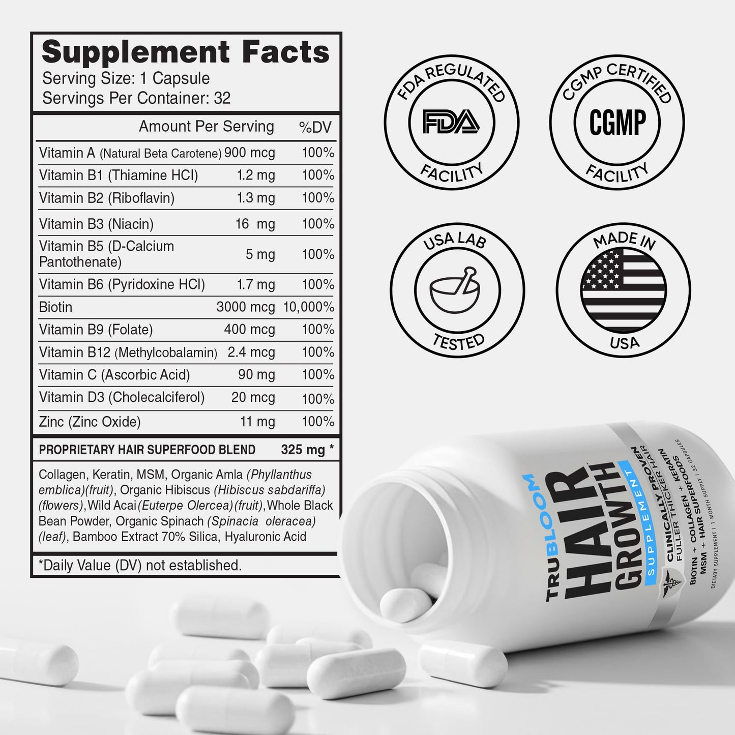 TRU BLOOM Hair Vitamins for Women and Men | Clinically Proven Hair Growth Supplements for Thinning Hair, Hair Loss, Thicker Fuller Hair | Biotin Collagen Keratin, Hair Growth Vitamins with DHT Blocker