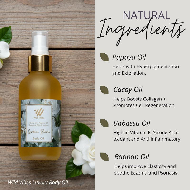 Wild Vibes Gardenia Body & Massage Oil with Gardenia EO - Hydrating Jojoba, Papaya Seed Oil, Vitamin E, Lupine Seed Extract for Collagen production – Nourishing Oil for all skin types 4oz