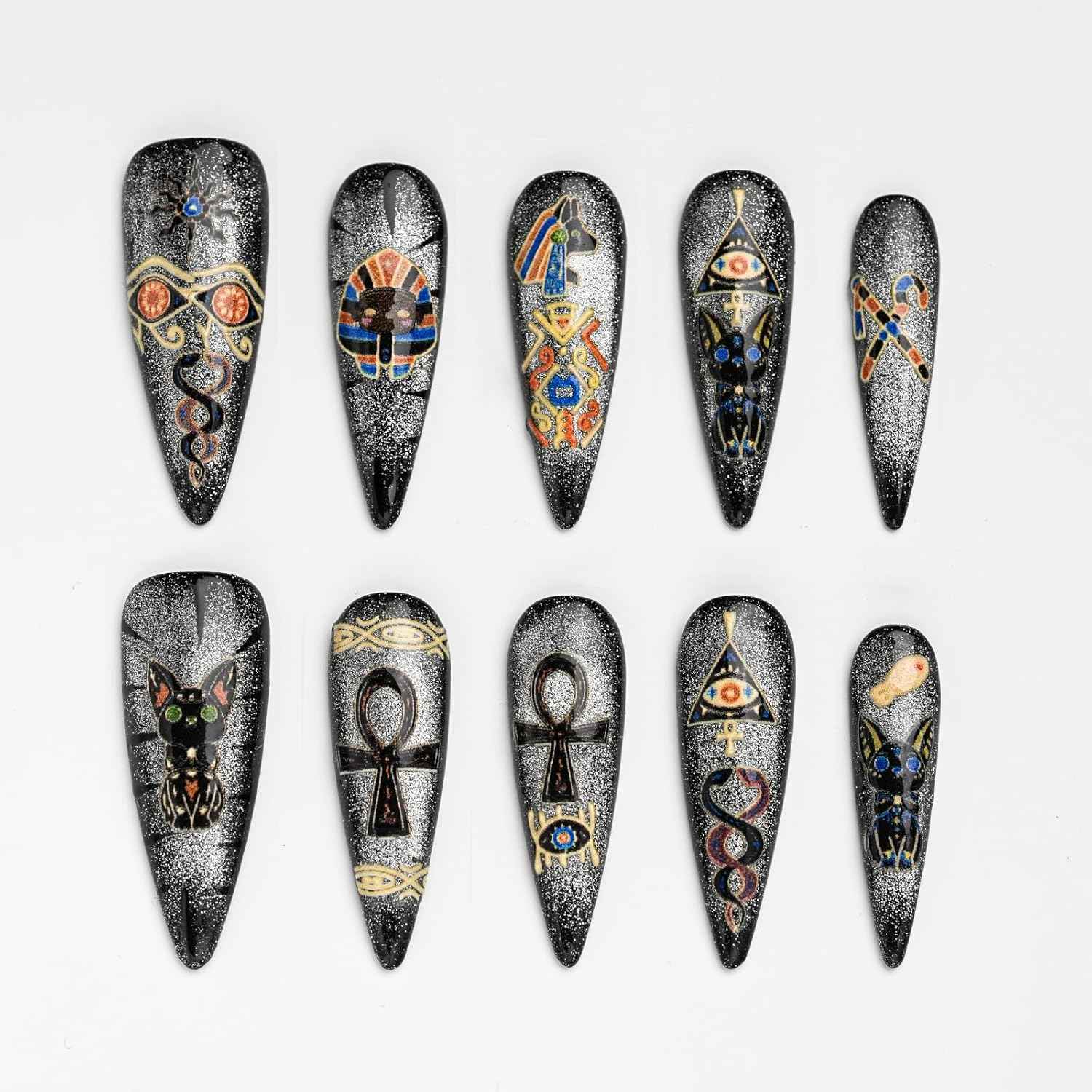Colorful Handmade Press-On Stiletto Nails with 3D Devil Eyes - 10 Pcs Set for Women