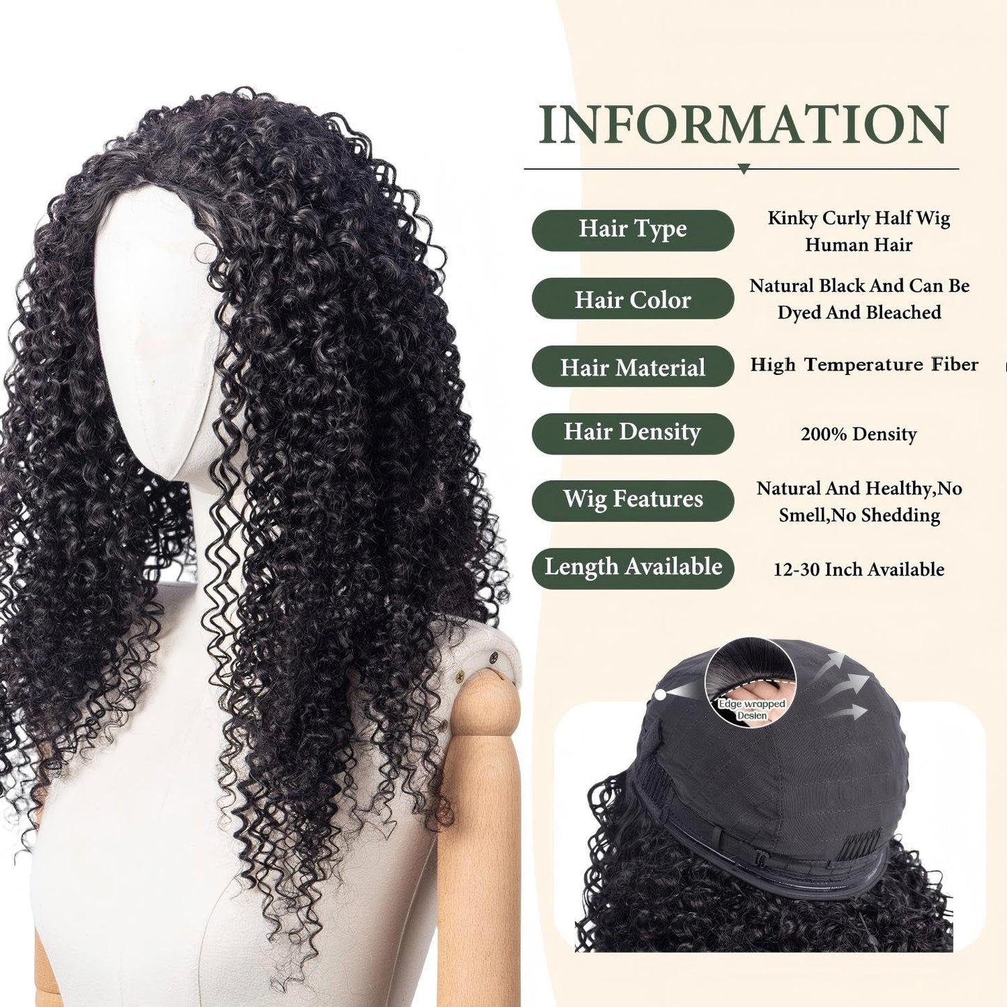 Prosa Kinky Curly Half Wig, 3-in-1 Synthetic Hair with Drawstring Headband, Clip-in Glueless Seamless Flip Over Design, Color 1B, for Women (20inch)