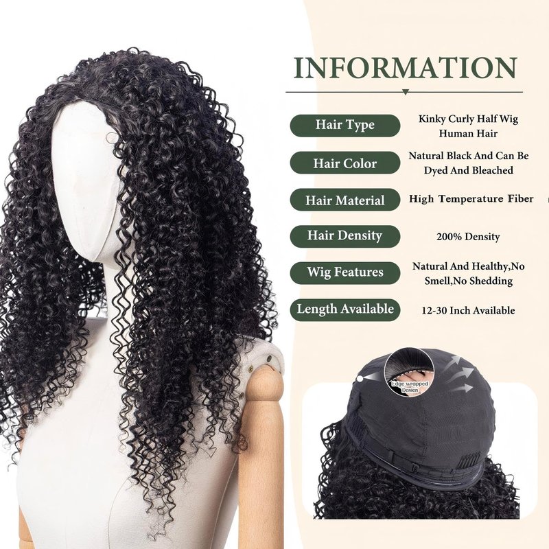 Prosa Kinky Curly Half Wig, 3-in-1 Synthetic Hair with Drawstring Headband, Clip-in Glueless Seamless Flip Over Design, Color 1B, for Women (20inch)