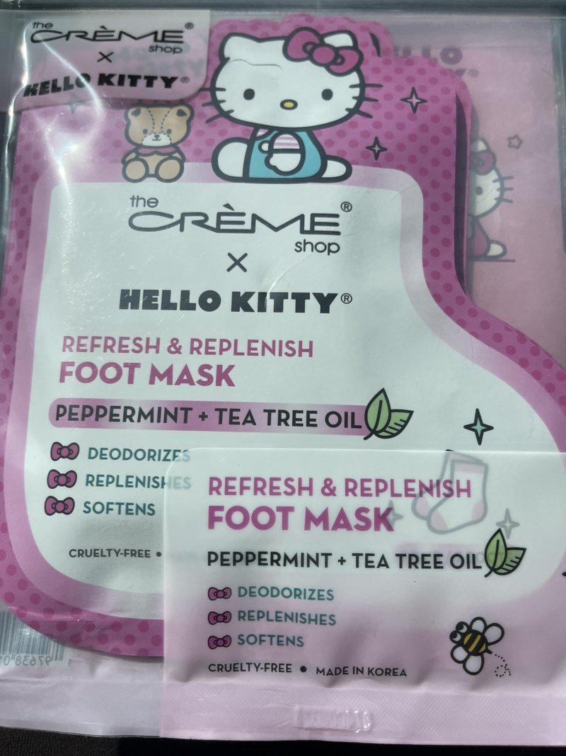 The Crème Shop X Hello Kitty Ultra-Soft Soles Foot Mask -cocoa butter+glycolic Acid- strawberry creme scented cruelty-free