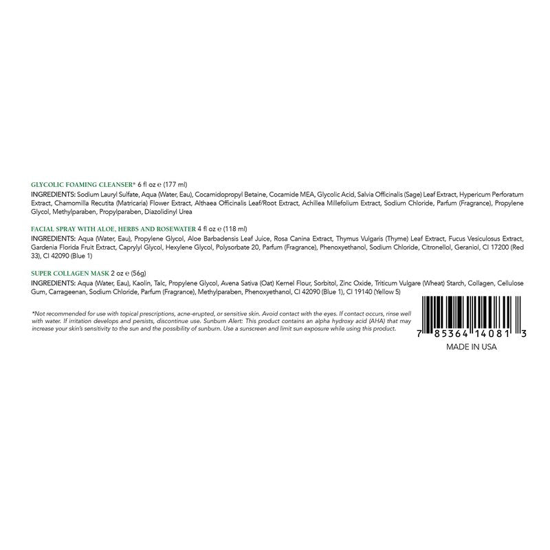 Mario Badescu Radiant Skin Trio Kit, Skincare Gift Set Includes Facial Spray With Aloe, Herbs and Rosewater(4 Fl Oz), Glycolic Foaming Cleanser(6 Fl Oz) and Super Collagen Mask(2 Oz)