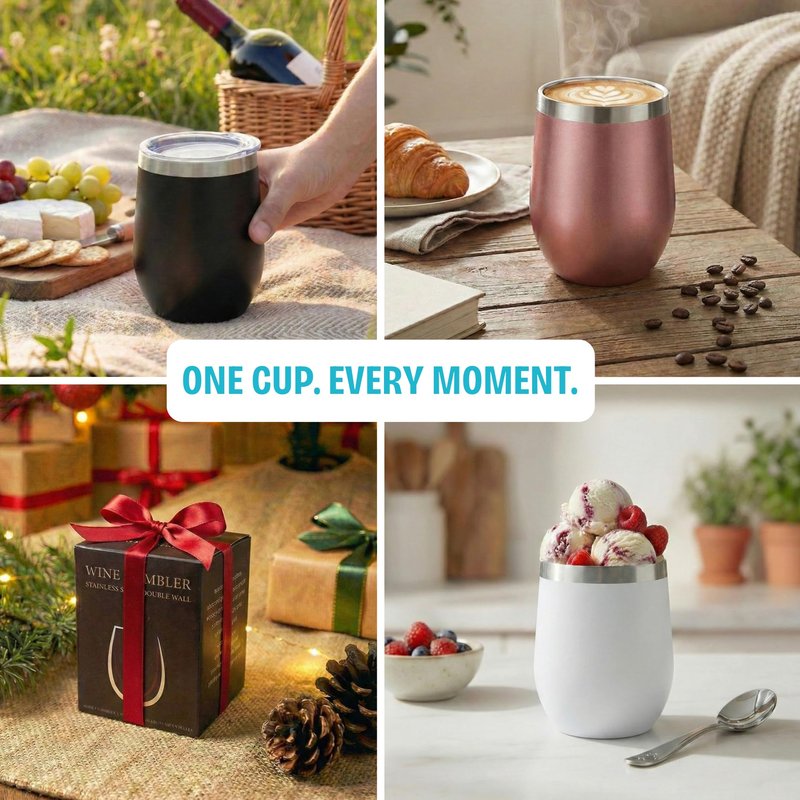CHILLOUT LIFE 12 oz Stainless Steel Wine Tumbler with Lid - Double Wall Vacuum Insulated Wine Cup Glass Keeping Cold & Hot for Coffee, Champagne, Cocktails, Ice Cream - Powder Coated Aqua Blue