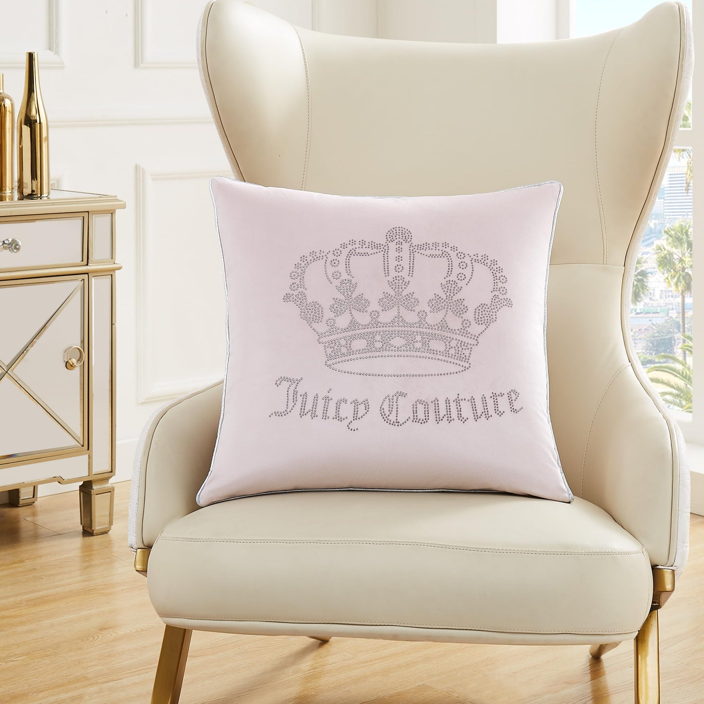 Juicy Couture - Decorative Accent Pillow, Velvet Rhinestone Crown, Premium Reversible Throw Pillow, Living Room and Bedroom DΓ©cor, Measures 20" x 20", Pink Blush
