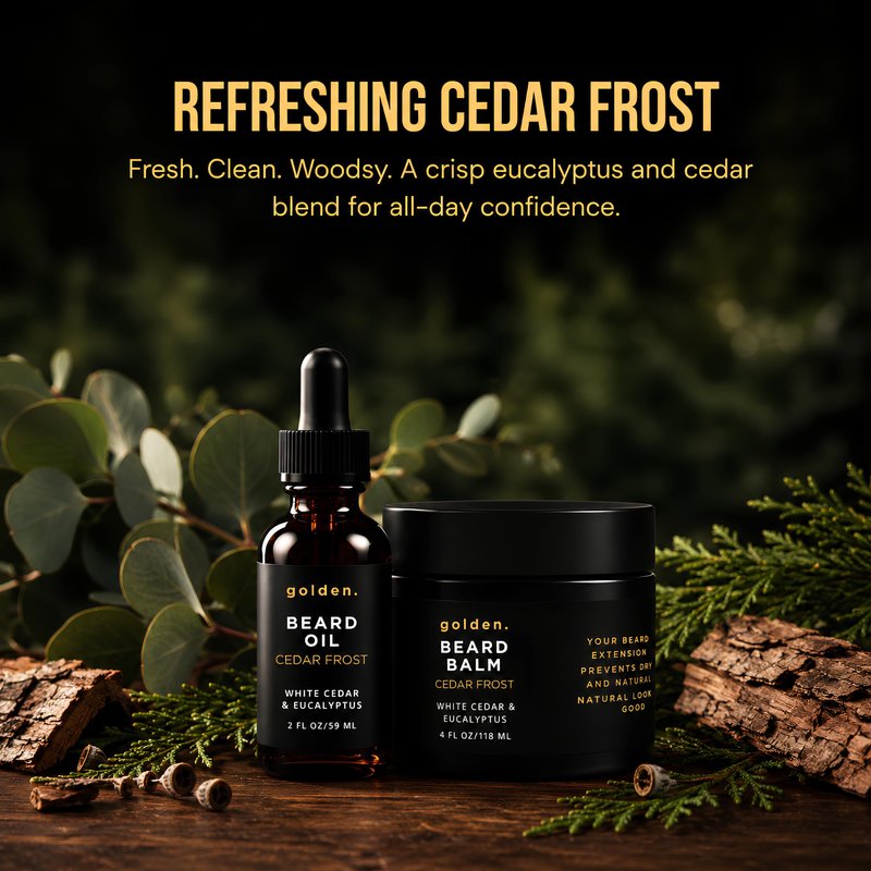 Golden Grooming Beard Balm - Tames Flyaways & Promotes Thicker Growth - Natural Styling Wax with Shea & Mango Butter - Relieves Beard Itch & Dandruff - Cedar Frost, 2oz