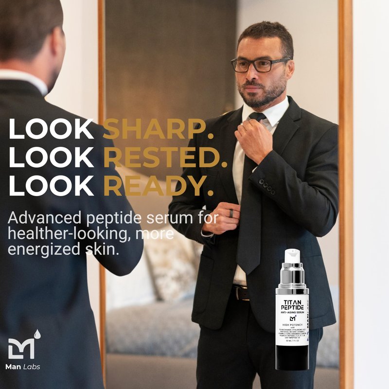 Man Labs Titan Peptide Anti Aging Mens Face Serum – Mens Face Care – Facial Moisturizer – Refreshed, Awake Look – Wrinkles, Crow’s Feet & Sagging – 5% Niacinamide, Vitamin C, HA & Ceramides –Unscented