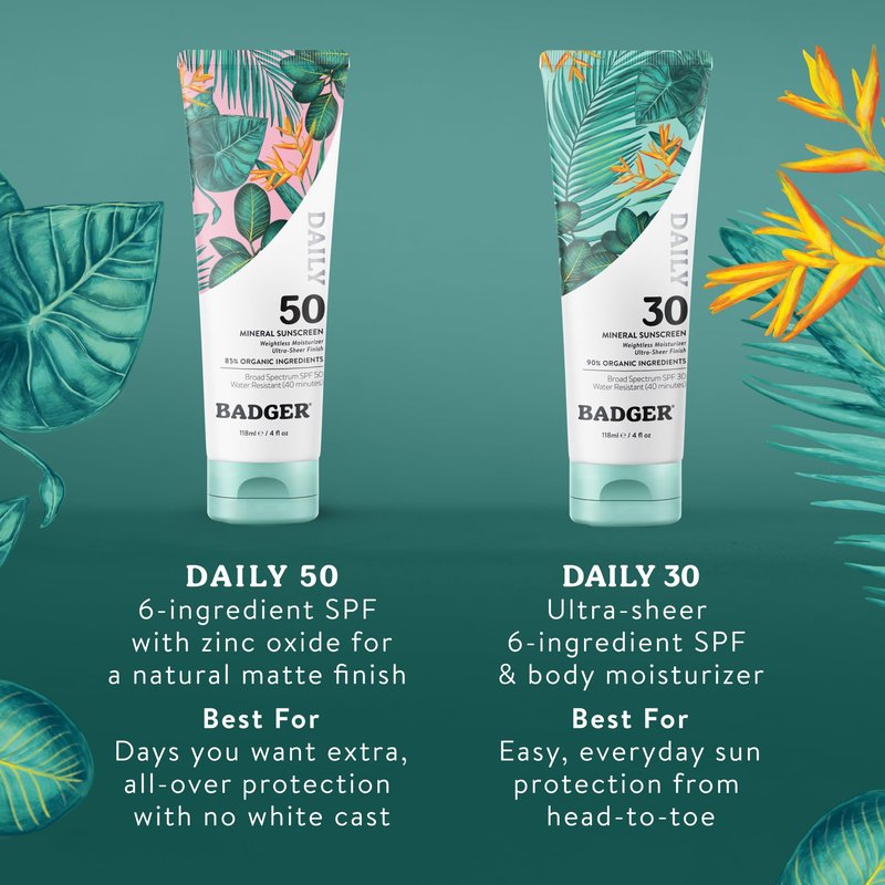 Badger SPF 50 Daily Mineral Sunscreen with Zinc Oxide, 85% Organic, Lightweight & Easy to Apply, No White Cast, Moisturizing, Reef Safe, Vegan, Unscented, 4 fl oz