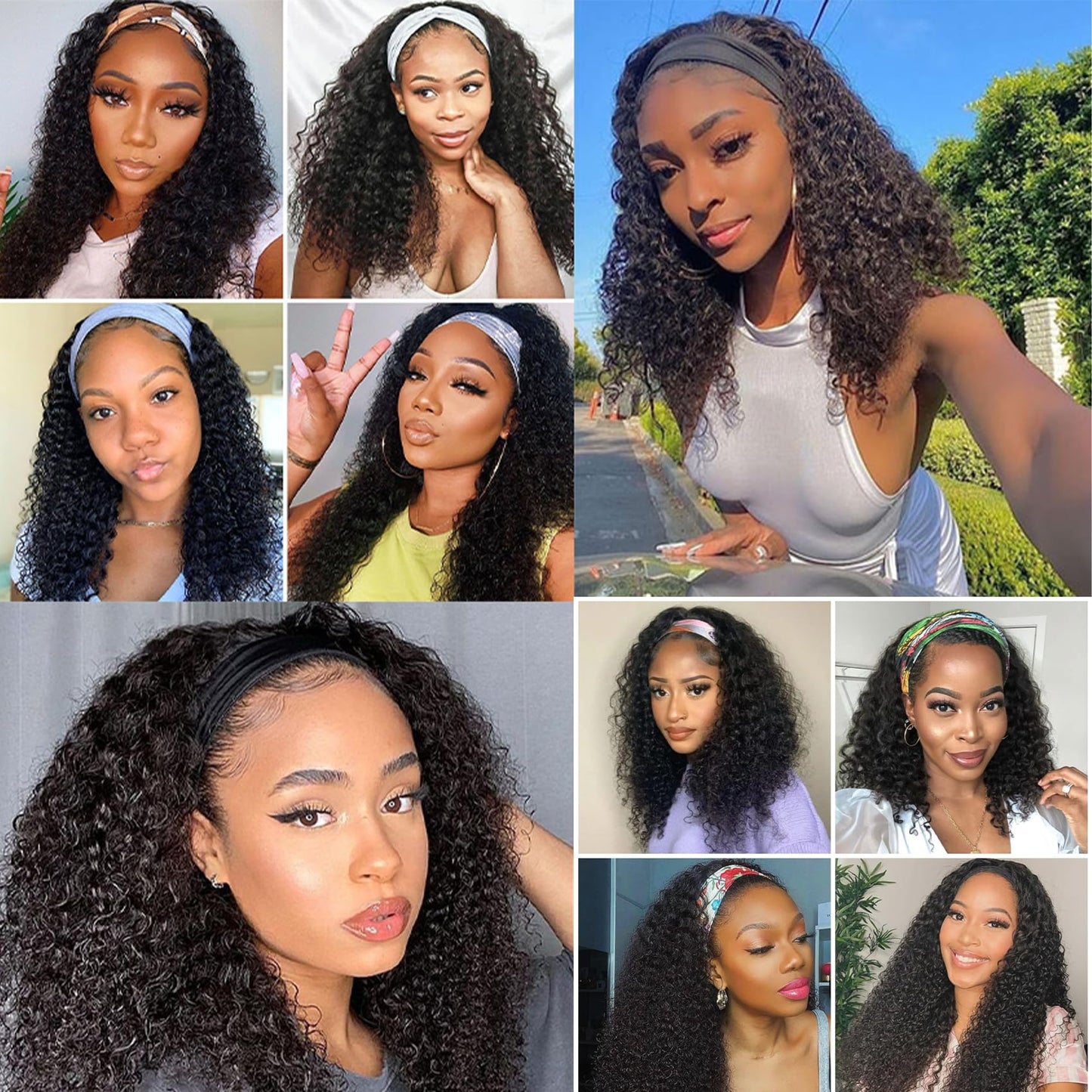 Semicaopㅤ Headband Wig Human Hair Curly Wigs for Black Women 14 inch Wigs Human Hair Glueless Wear and Go None Lace Front Wig Headband Wigs Machine Made 150% Density Natural Color