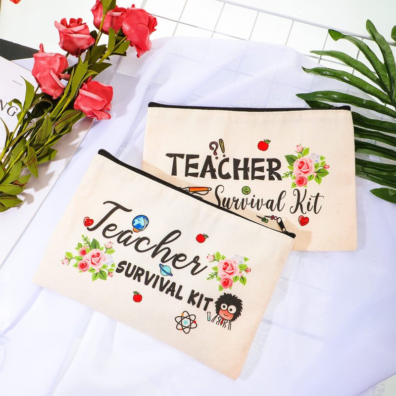 Frienda 36 Pieces Teacher Appreciation Present Set, 18 Survival Kit Makeup Pouch Bag Pencil Bag, 18 Teacher Blessing Card Bracelet, Cosmetic Bag Kit for Teacher's Day, Elegant Style, 9.1 x 5.9 Inch