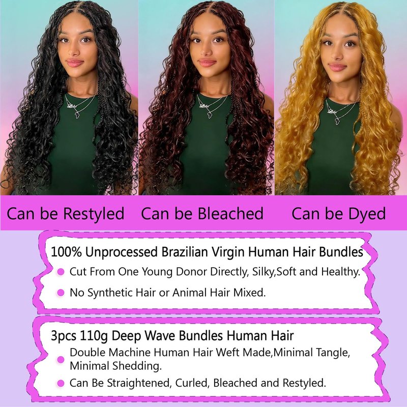 Deep Wave Bulk Human Braiding Hair for Boho Braids Water Wave 100% Human Hair for Boho Braiding Hair Crochet Wavy Curly Hair Extensions Bohemian Micro Braiding 3 Bundles 110g Natural Color 12 Inch