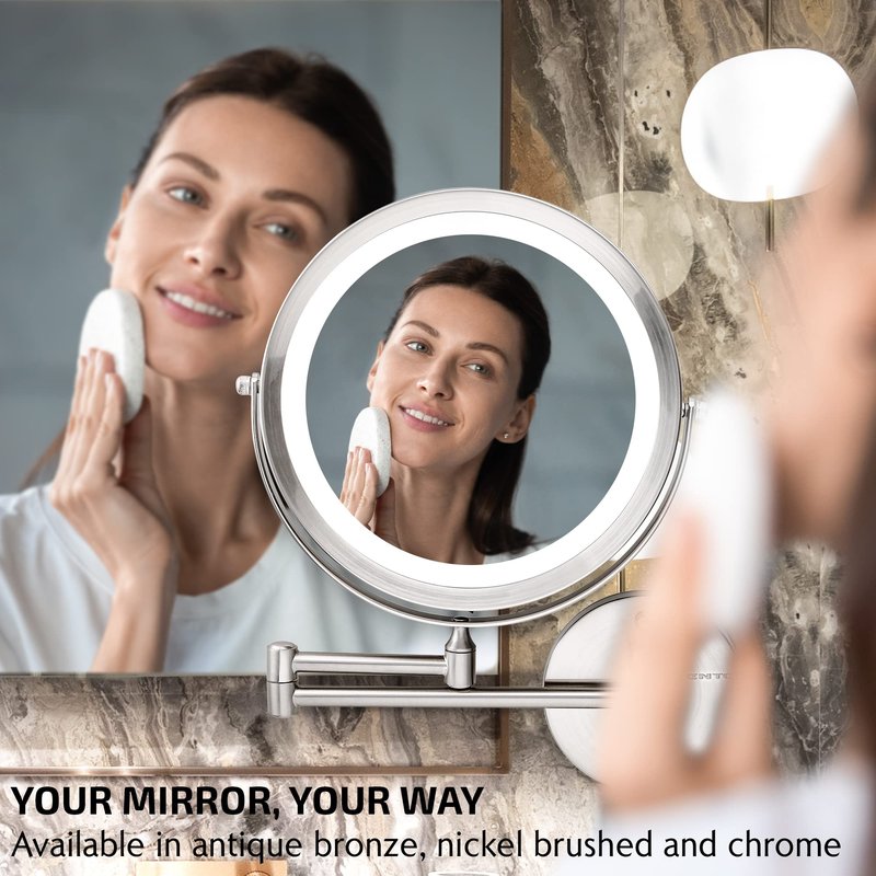 OVENTE Wall Mounted Lighted Makeup Mirror, 9" Double Sided 1X/7X Magnifying Vanity Mirror for Bathroom with LED Lights, Cordless, 360° Rotation and 13" Extendable Arm, Nickel Brushed MFW85BR1X7X