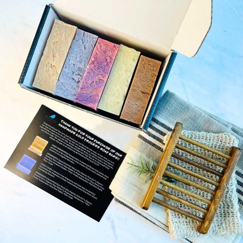 Bluebyrd Soap Handmade Bar Set for Women – 5 PC Fresh Fruity Scents: Cherry Almond, Pear, Cucumber Melon, Mango, Coconut – Natural Soaps – Great for Anniversary & Wedding Gifts – Gift Ready Boxed Set