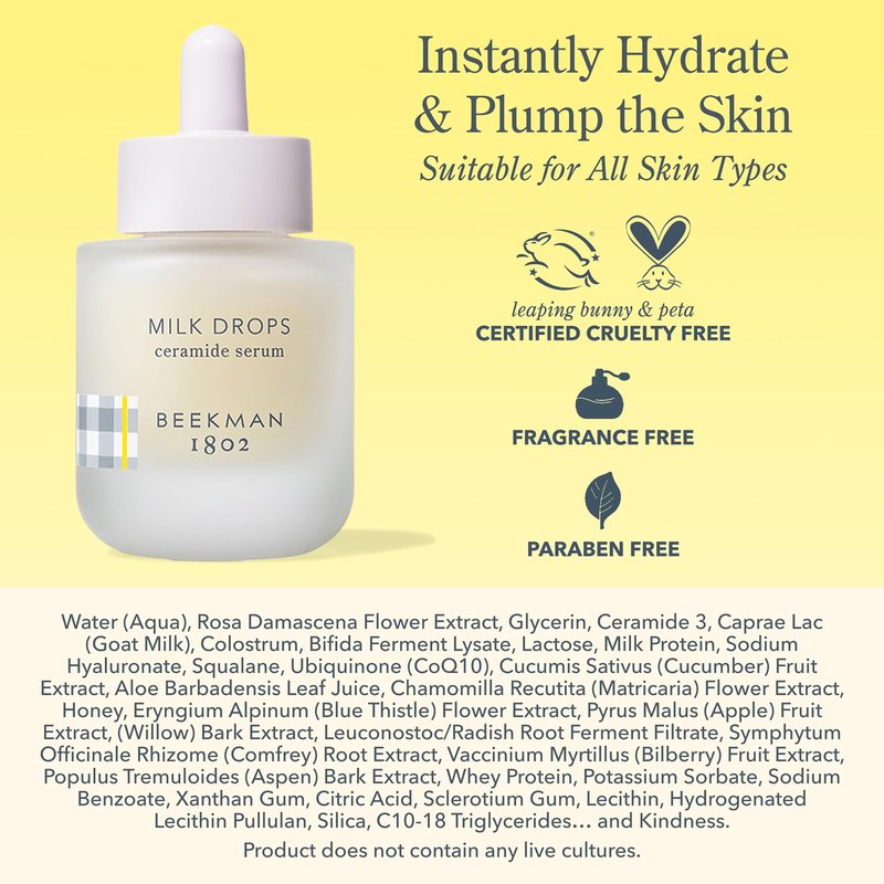 Beekman 1802 Milk Drops Ceramide Face Serum – Hydrating Barrier Serum with Goat Milk, Ceramides, Squalane & Hyaluronic Acid – Lightweight, Fragrance Free – For Oily & Acne-Prone Skin – 1 fl oz