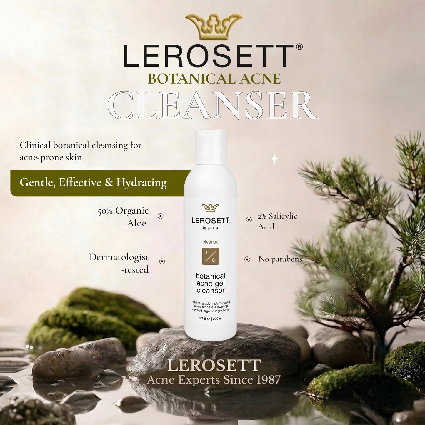 LEROSETT Botanical Acne Cleanser, Foaming Gel Face Wash for Acne Prone, Vegan, Blackheads & Oily Skin 50% Calming Aloe, 2% Salicylic Acid, All Skin Types. Vegan - 6.7oz 60-Day