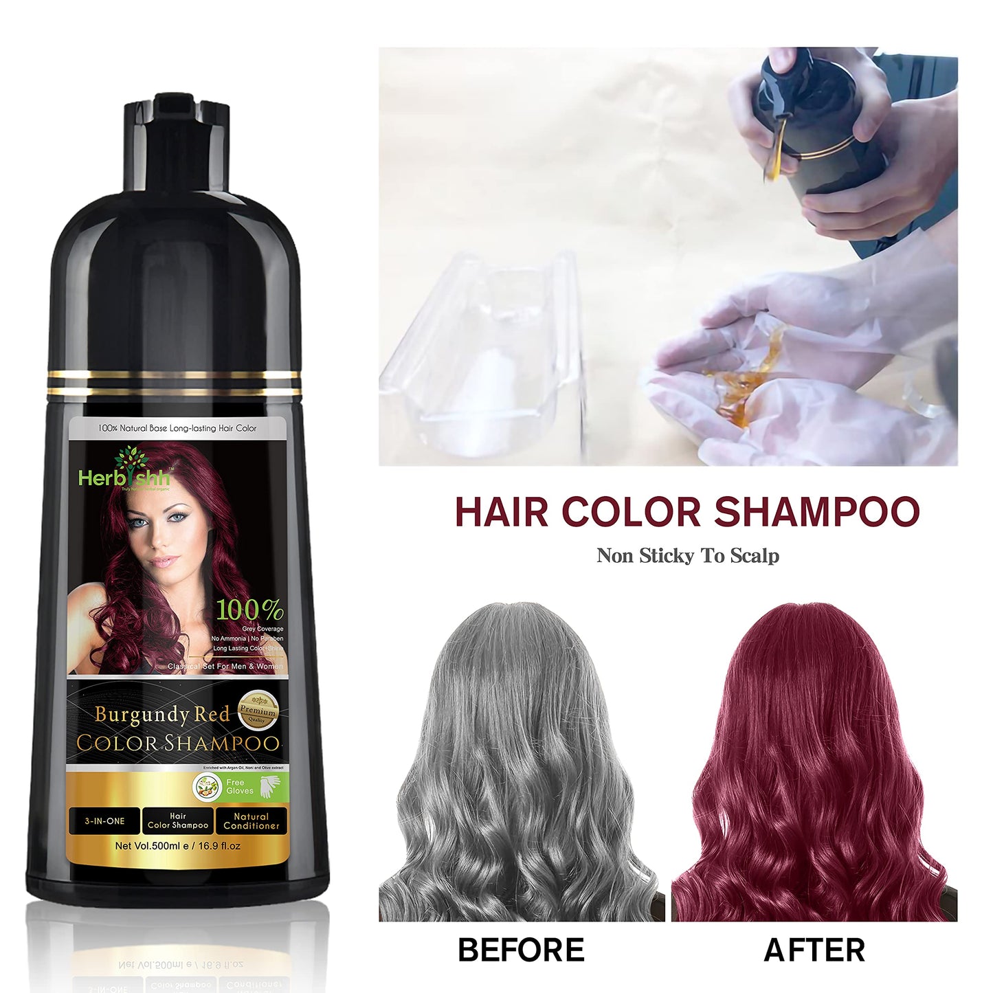 Herbishh Hair Strengthening Combo: Color Shampoo Dye 500ml Burgundy + Argan Oil Conditioner for Frizz Control, Damage Repair & Deep Conditioning - 30ml