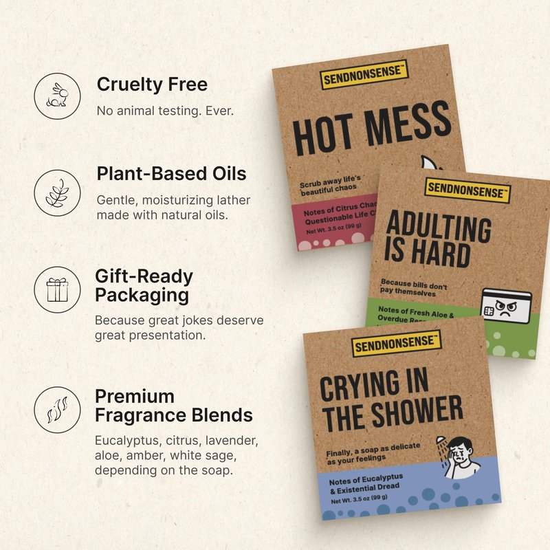 SendNonsense Hot Mess Survival Soap Gift Set (3-Pack) – Funny Gag Gift for Mom, Friends & Coworkers, Novelty Soaps, Regret Remover & Chaos Cleanser