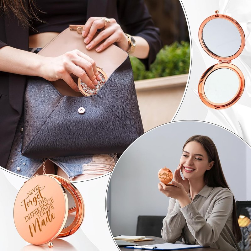 Inspirational Compact Mirror - 10 Pcs Thank You Gifts for Women | Portable Round Makeup Mirror in Rose Gold