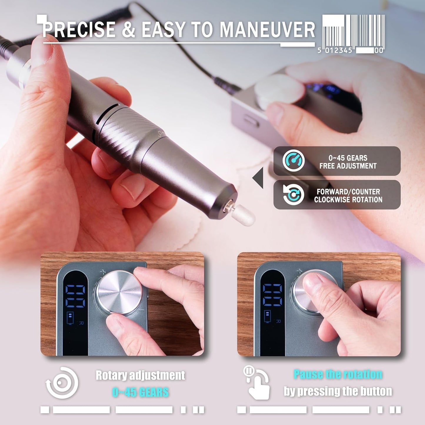 Professional Cordless Electric Nail Drill - 45000 RPM Rechargeable Nail File with 11 Bits for Acrylic & Gel Polishing - Portable Manicure Tool for Home Salon