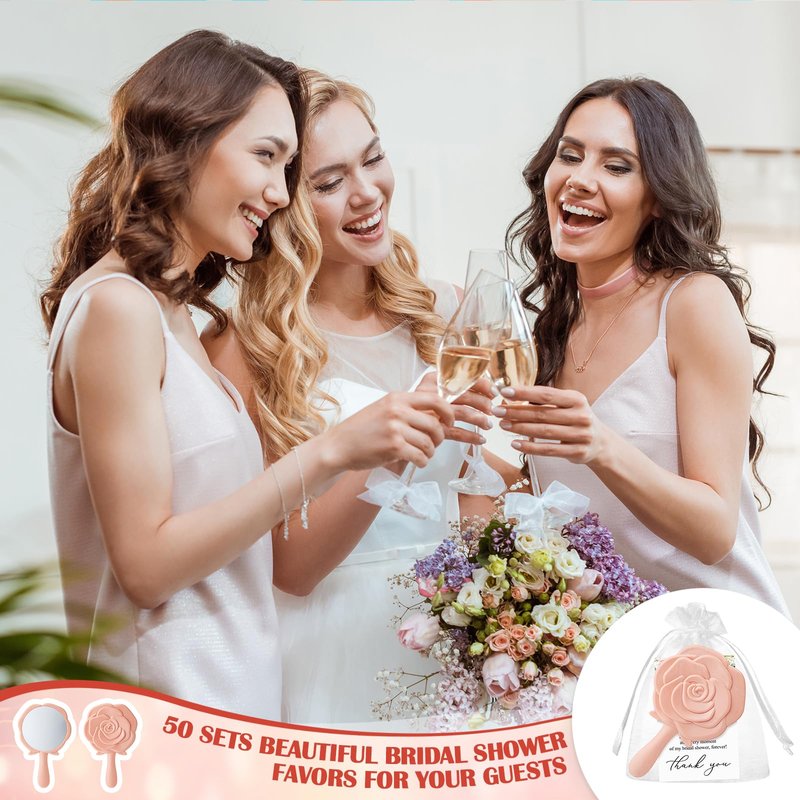 Wenqik 50 Sets Bridal Shower Favors Rose Compact Mirrors Bulk Wedding Favors for Guests Rose Compact Handheld Mirrors with Thank You Cards and Organza Bags Wedding Party Guests Souvenir Gifts (Pink)