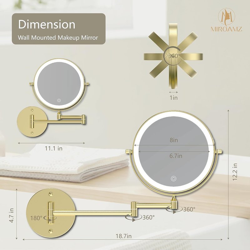 Lighted Makeup Vanity Mirror - 8 Inch Double-Sided 1X/10X Magnification | 3 Color Lighting, Touch Screen Dimming, 360° Rotation, Gold