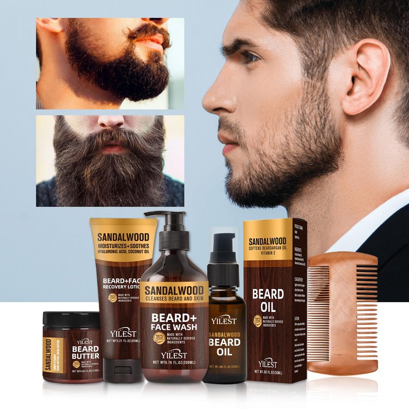 Sandalwood Beard Care Set – The Perfect Father's Day Gift | Nourish Follicles for Elastic Growth, Deeply Condition with Butter & Oil, Soothe Skin with Recovery Lotion & Gentle Wash