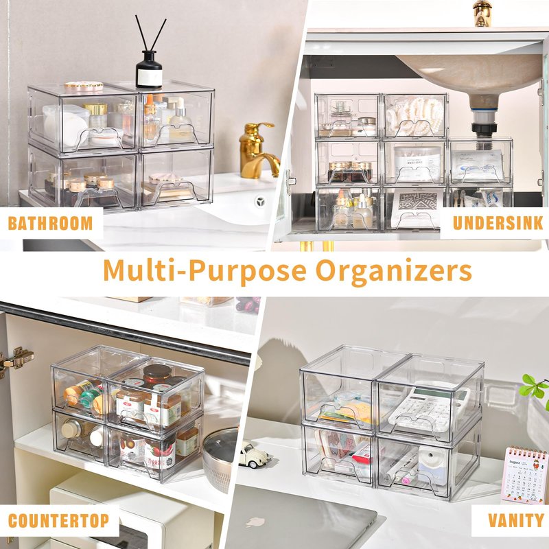 Stebopum 6 Pack Stackable Makeup Organizer, 4.4'' Tall Acrylic Bathroom Makeup Organizer and Storage Drawer with Pull-out Handle, Clear Plastic Storage Bins for Vanity,Pantry,Desk,Undersink,Kitchen