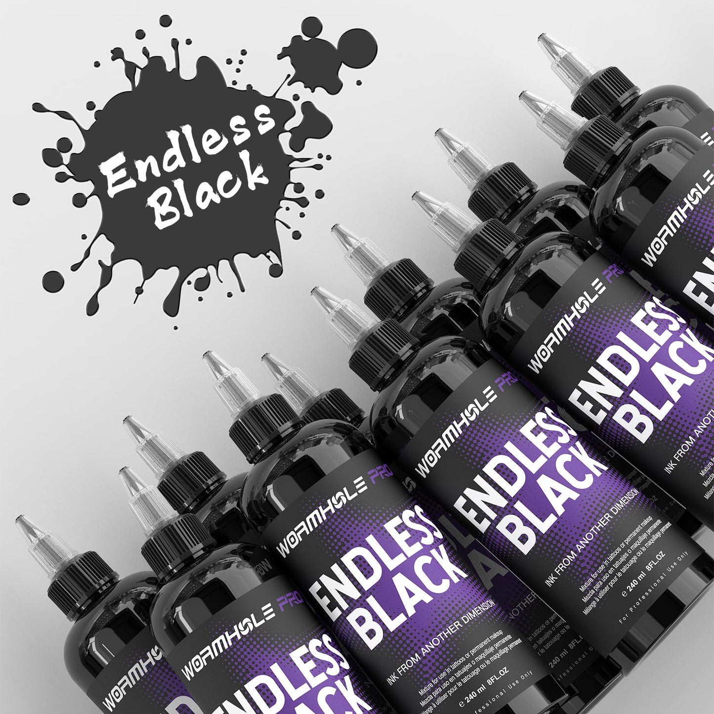 WORMHOLEPRO Endless Black 240ml (8oz) Professional Tattoo Ink, Ultra-Deep Black Ink for Shading, Linework & Blackout Tattoos – High-Density, Vegan – Bulk Tattoo Ink