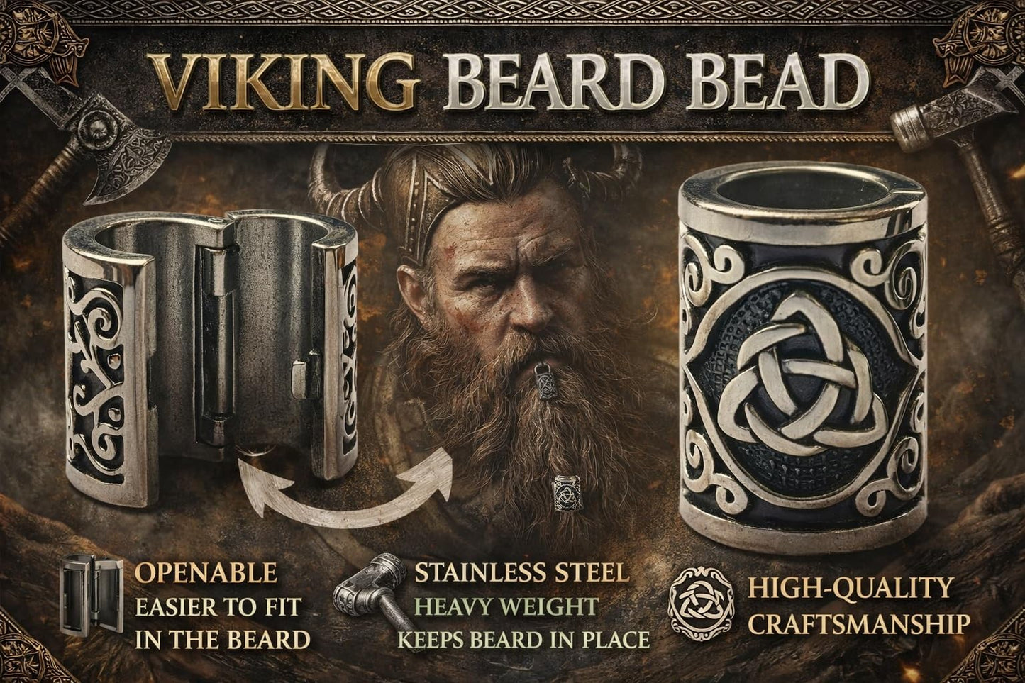 VALHALLA Hair Beads Opener, Viking Beard Bead 316L Steel Silver Stainless Steel HUGE Runes