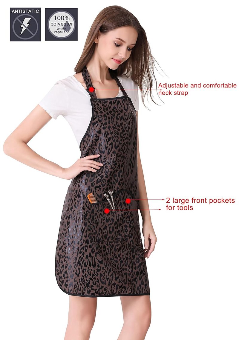 Hair Stylist Apron Bundle - Waterproof PU Leopard Print Aprons with Pockets for Haircutting & Styling