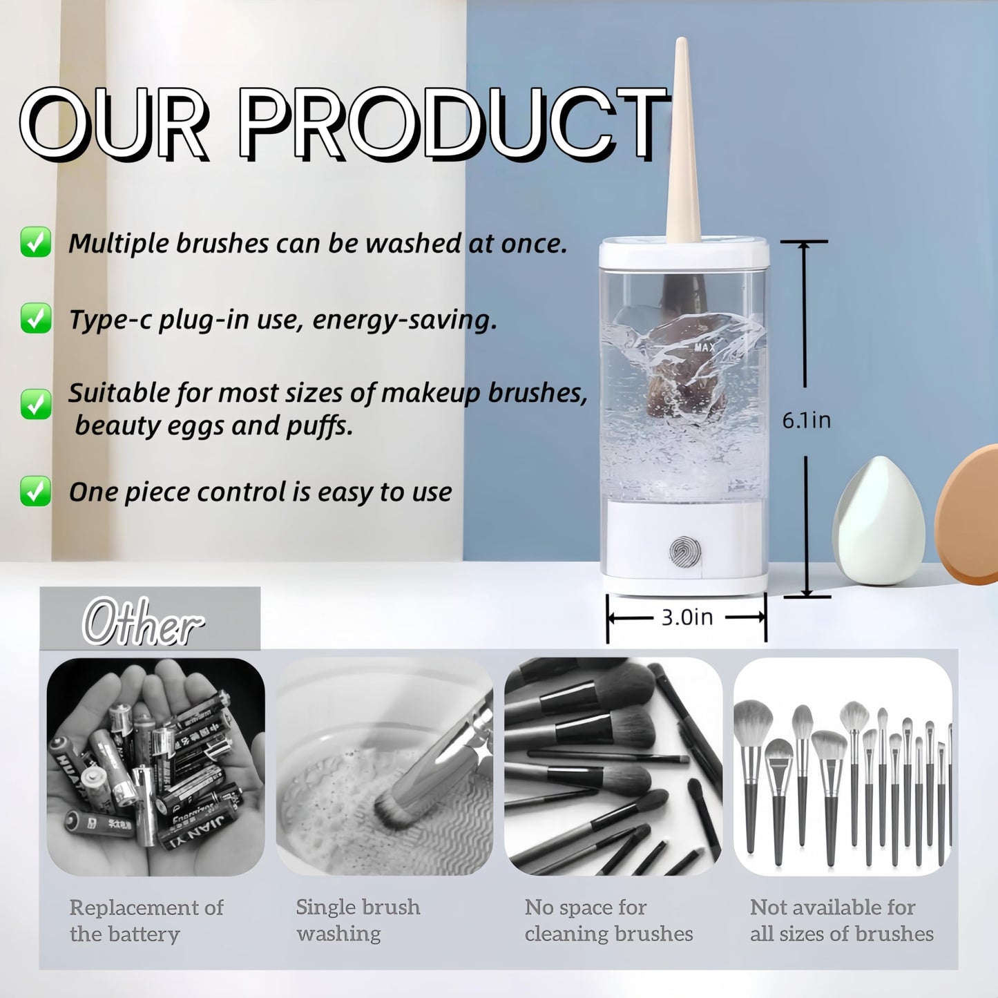 Electric Makeup Brush Cleaner and Dryer Machine with UV-C Light, 3-in-1 Automatic Brush Cleaning System for Deep Clean & Fast Drying, Quiet Design for Beauty Enthusiasts, Gift Giving, Home/Salon Use