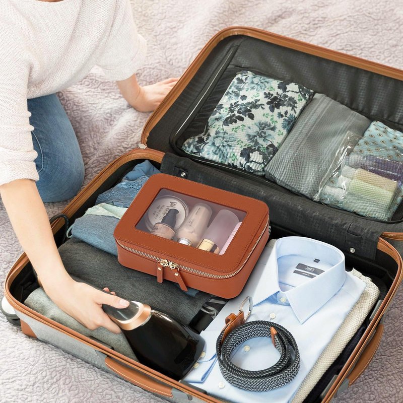 LOFOWN Clear Makeup Bag Set Travel Cosmetic Bag and Toiletry Bag Women's Purse Pouch Cosmetic Stroage Organizer Case with Zipper Car Essentials (Brown, M+Mini)