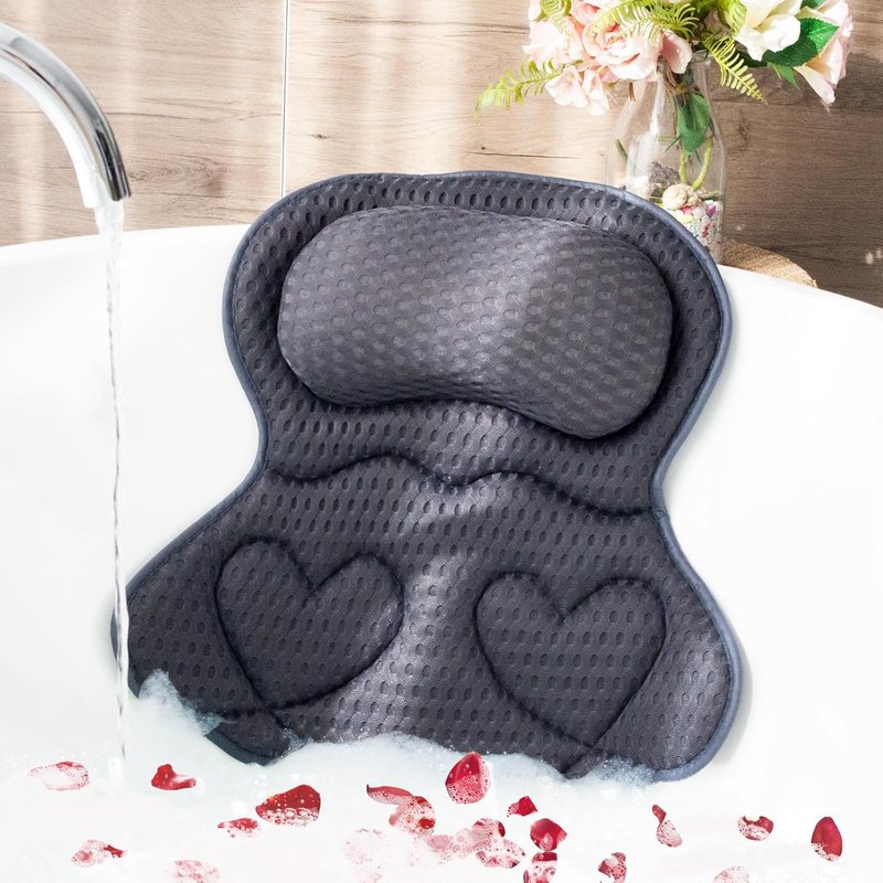 Bath Pillows for Tub - Luxury Head and Neck Support | 4D Air Mesh Fabric & 6 Non-Slip Suction Cups (Gray)