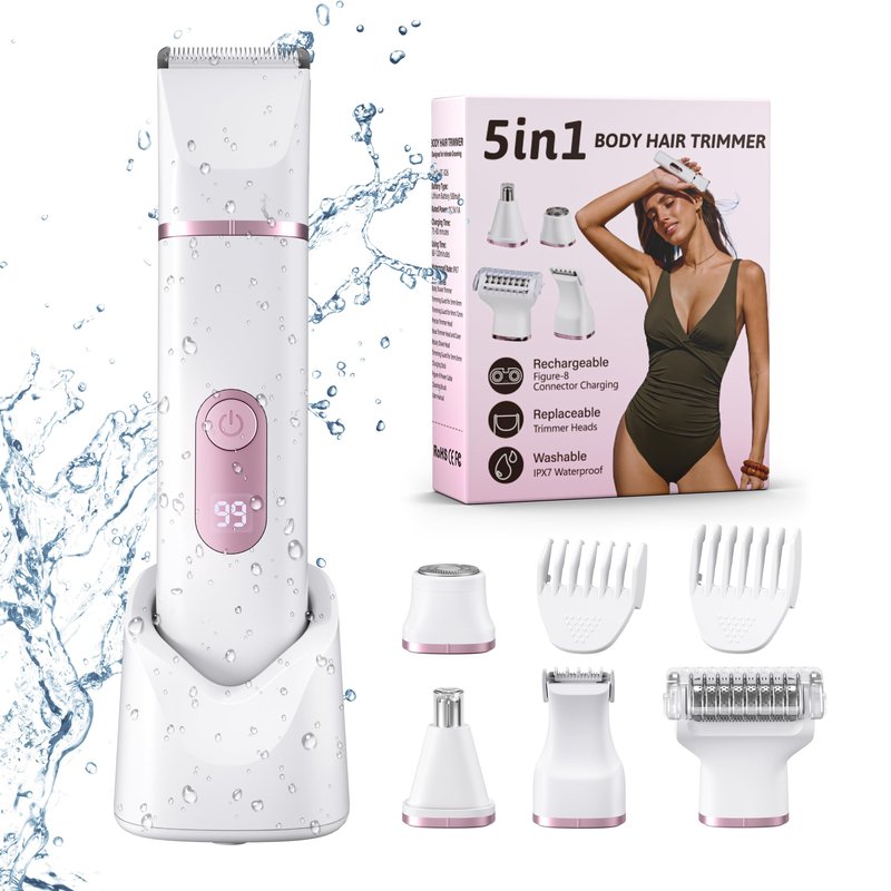 5-in-1 Bikini Trimmer for Women: Mothers Day Gifts, Travel Essentials, IPX7 Waterproof Electric Shaver Razor, Rechargeable Body Hair Removal with LED Display, 5 Replacement Ceramic Blade Heads