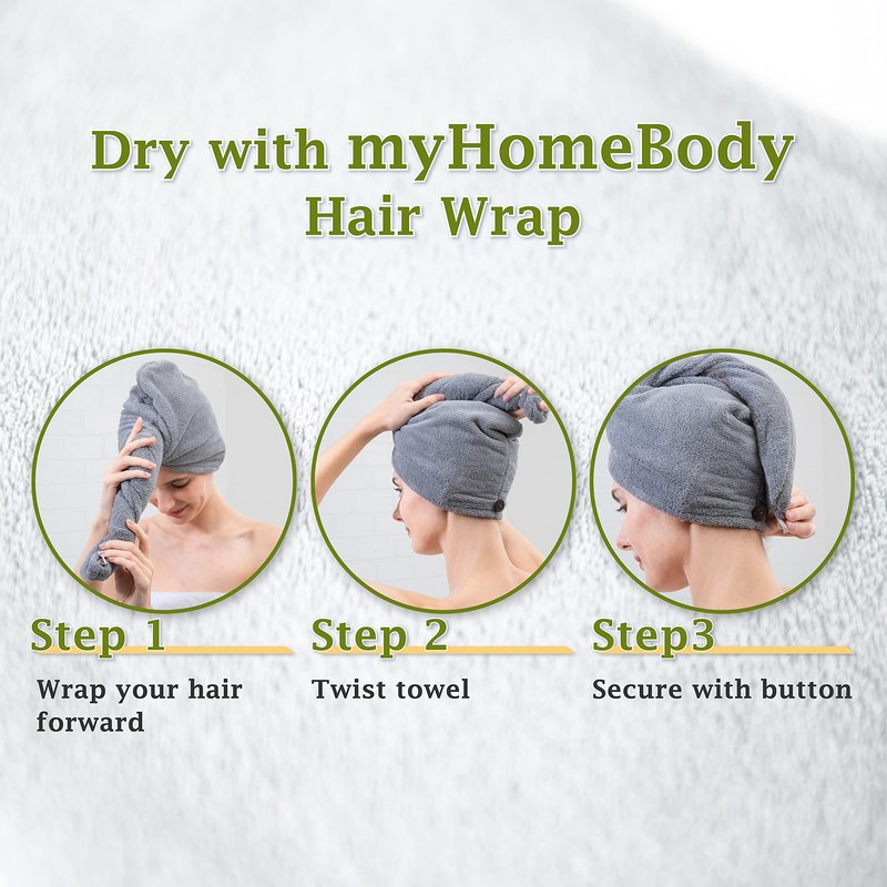 myHomeBody Hair Towel Wrap, Luxury Quick Drying Turban, Ultra Soft Absorbent Cap, with Coconut Shell Button – Light Gray, Pink, White, 3 Pack