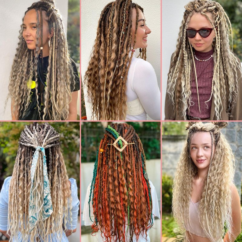 Leeven 30 Strands Double Ended Dreadlock Extensions 24 Inch Thin Synthetic Boho Dreads Ombre Honey Blonde 3 Style Mixed Full Set Wool DE Wavy Curly Hippie Dreads Braid in Soft Viking Dread for Women