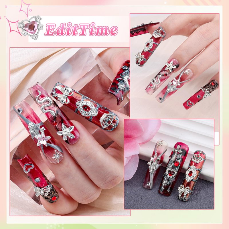 220Pcs Silver Nail Charms, 24 Styles 3D Cross Nail Charms Pink Heart Nail Rhinestones Bow Butterfly Star Crown and Virgin Mary Y2K Shiny Jewelry with Tweezer for Nail Art Supplies