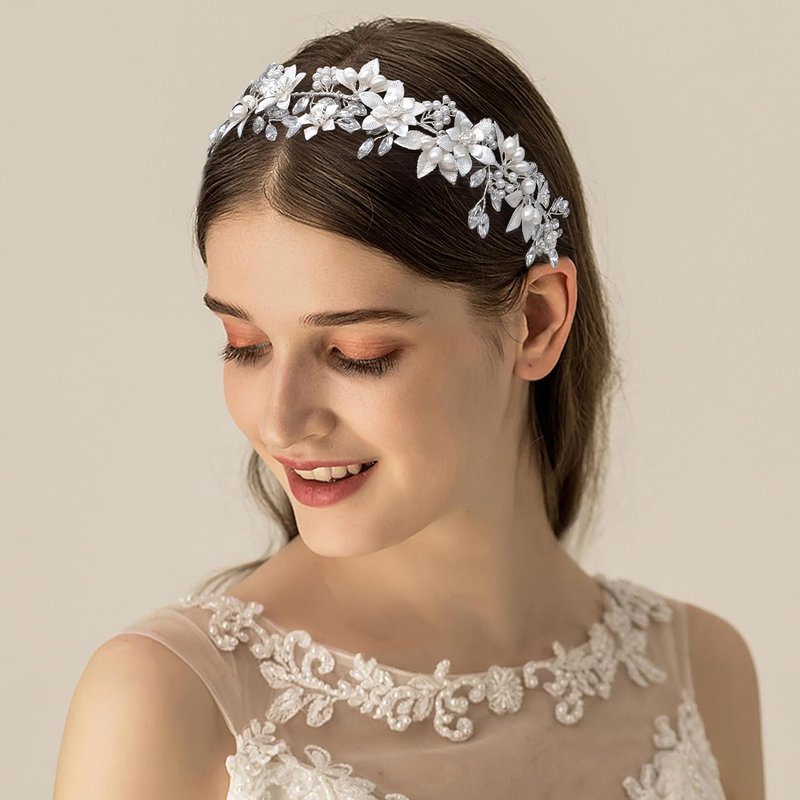Oriamour Bridal Headband - Flower Design with Genuine Freshwater Pearls & Ribbons | Silver Hair Accessory for Weddings