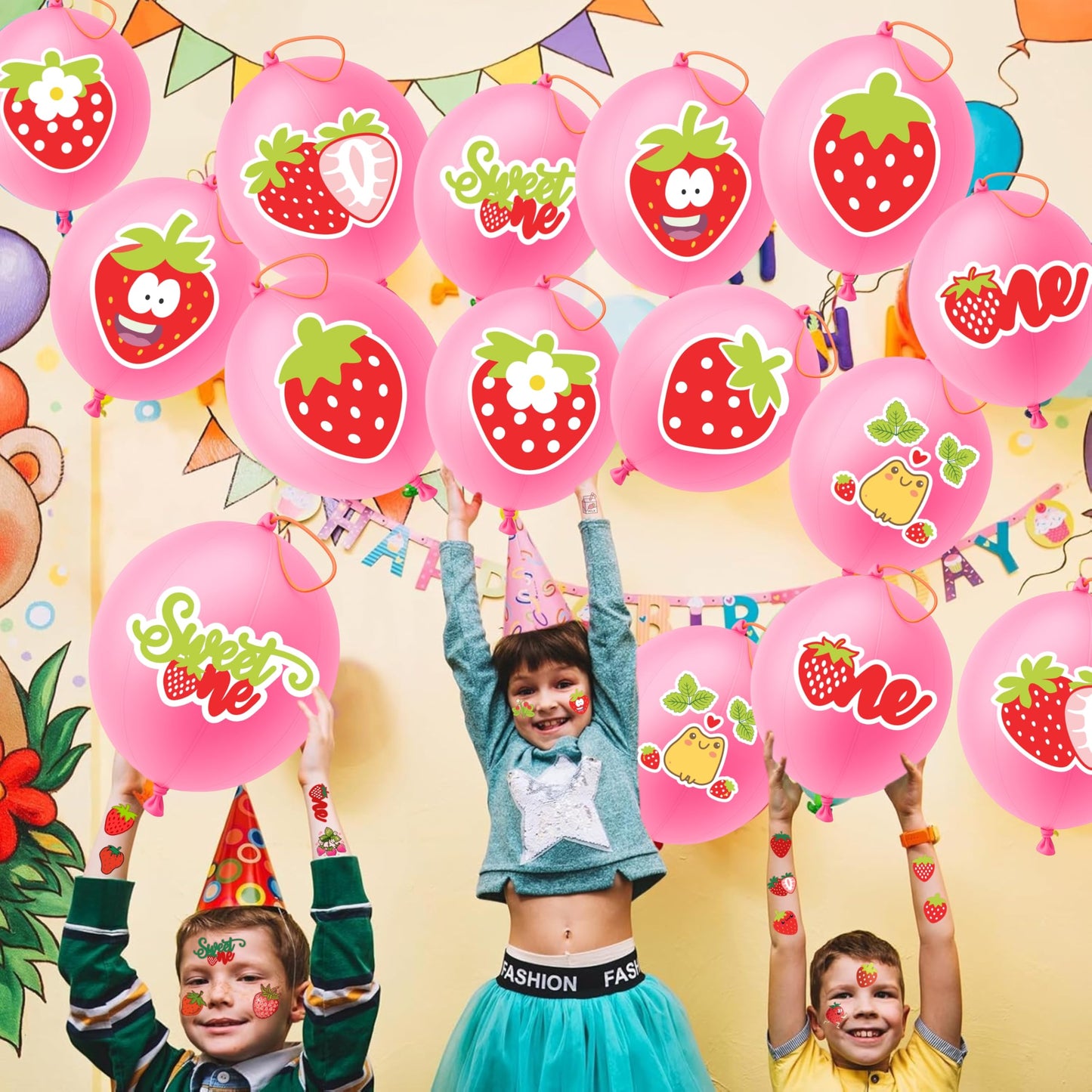 72 PCS Strawberry Party Favors - 48 PCS Temporary Tattoos & 24 PCS Punch Balloons Combo - Birthday Gifts & Goodie Bag Fillers