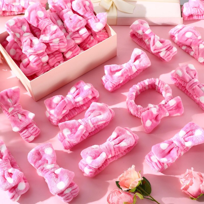 Wavyknot 50 Pcs Pink Spa Headband Bulk Spa Sleepover Party Supplies for Washing Face with Removable Bow Makeup Elastic Bowknot Headbands for Women Gifts Soft Skincare Microfiber Hairbands(Dots Style)