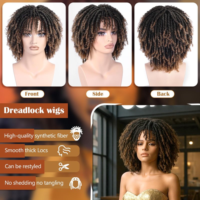 Looxey Dreadlock Wig, Short Braided Wigs for Black Women, Synthetic Dreads Wig with Bangs, Glueless Afro Curly Wig Natural Dreads Loc for Daily and Party (Ombre Blonde)