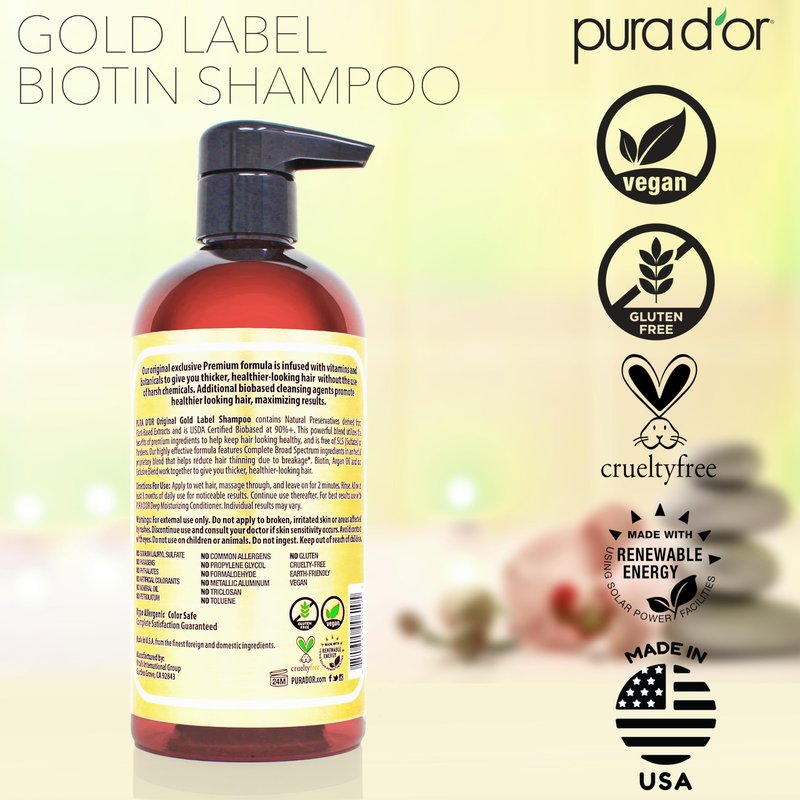 PURA D'OR Original Gold Label Anti-Thinning Shampoo - CLINICALLY TESTED - Biotin & Argan Oil – Sulfate-Free Strengthening & Volumizing for Fuller-Looking Hair, Men & Women, Natural Earthy Scent 16 oz