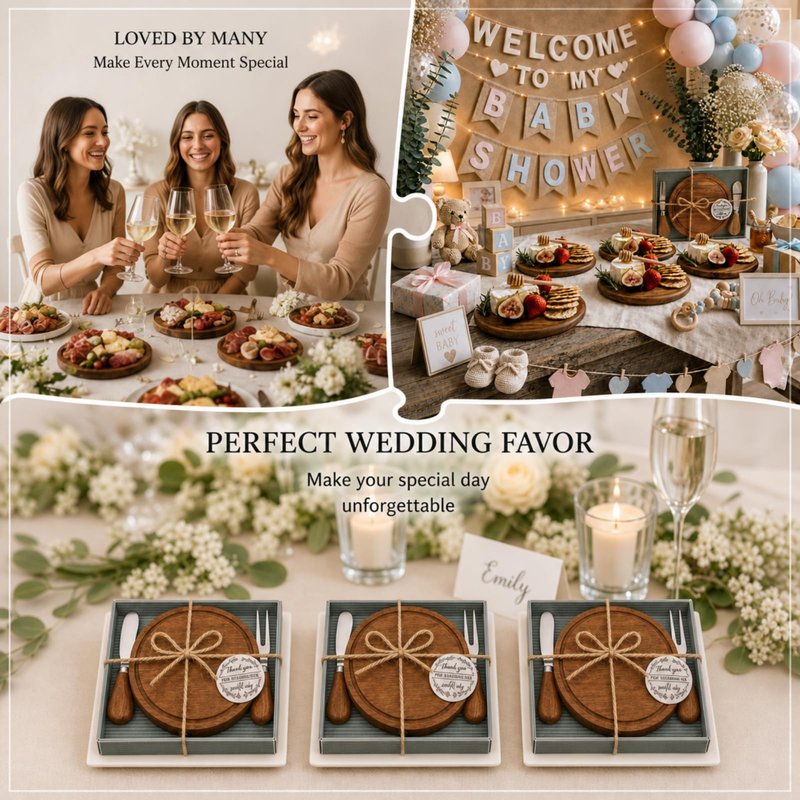 Maxcheck 1 Set Baby Shower Bridal Game Prizes for Winners Round Cheese Board Set Wood Mini Charcuterie Board with Knives and Forks Thank You Card with Gift Box for Guests Wedding (Acacia)