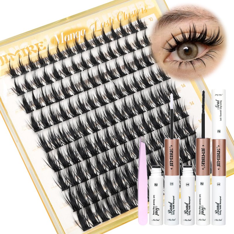 JIMIRE Manga Lash Clusters Kit Natural Anime Eyelash Clusters Kit 10-16MM Natural Lash Extension Kit with Lash Bond and Seal Lash Applicator Wispy D Curl Cluster Eyelash Extensions
