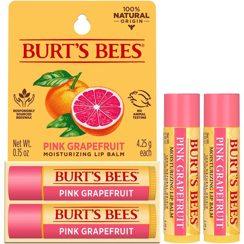 Burt's Bees Lip Balm - Pink Grapefruit, Lip Moisturizer With Responsibly Sourced Beeswax, Tint-Free, Natural Origin Conditioning Treatment, 2 Tubes, 0.15 oz.