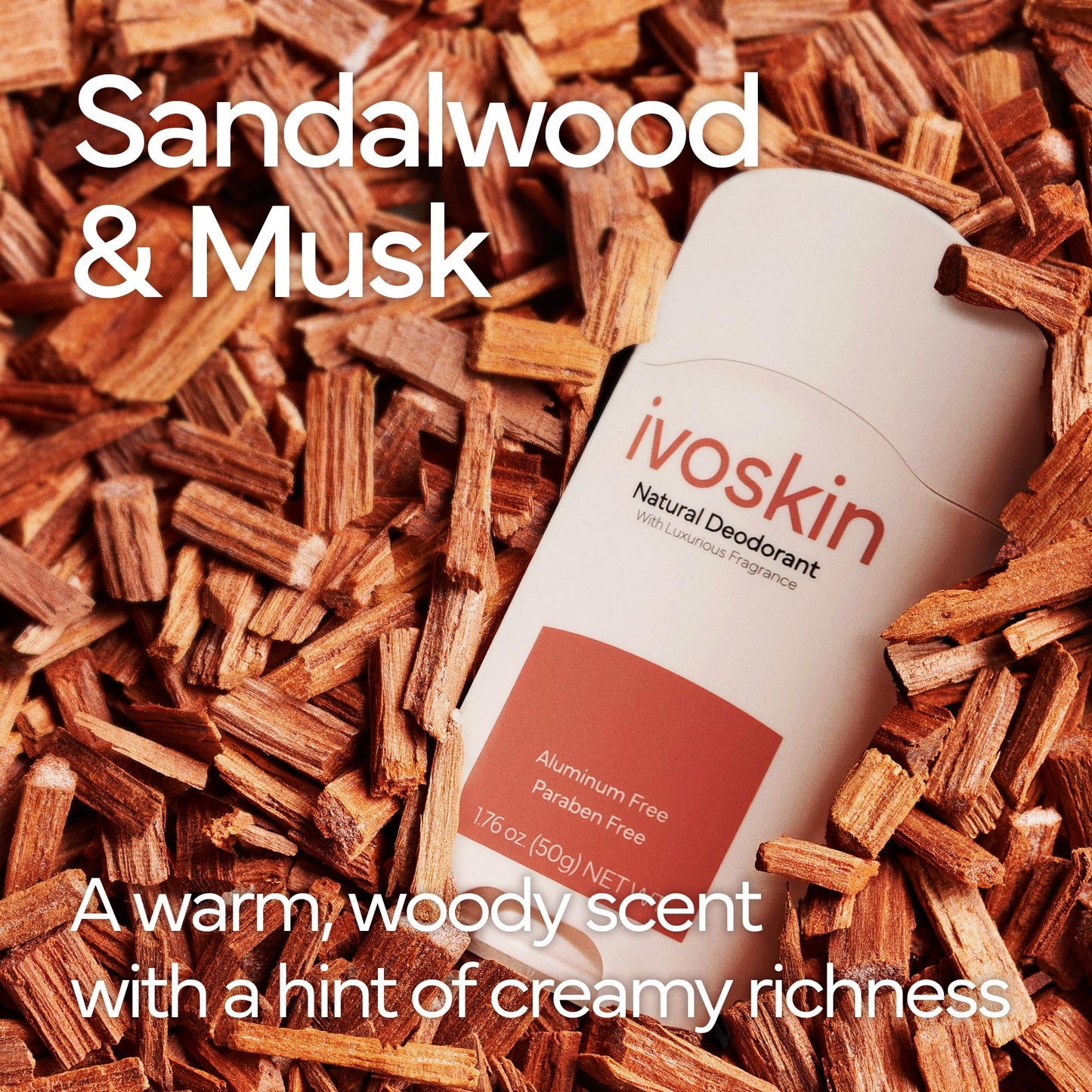 IVOSKIN Aluminum-free Natural Deodorant | 72 Hour Odor Protection | for Women and Men, Non-Toxic | Sandalwood & Musk Scent (1.76 oz)