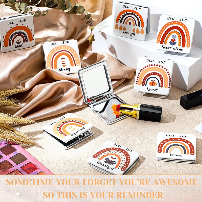 Suzile 18 Pcs Boho Rainbow Pocket Mirror Inspirational Compact Mirror Bulk Small Mirror for Purse Thank You Gifts for Women Employee Coworker Teacher Magnifying 1x/ 2X