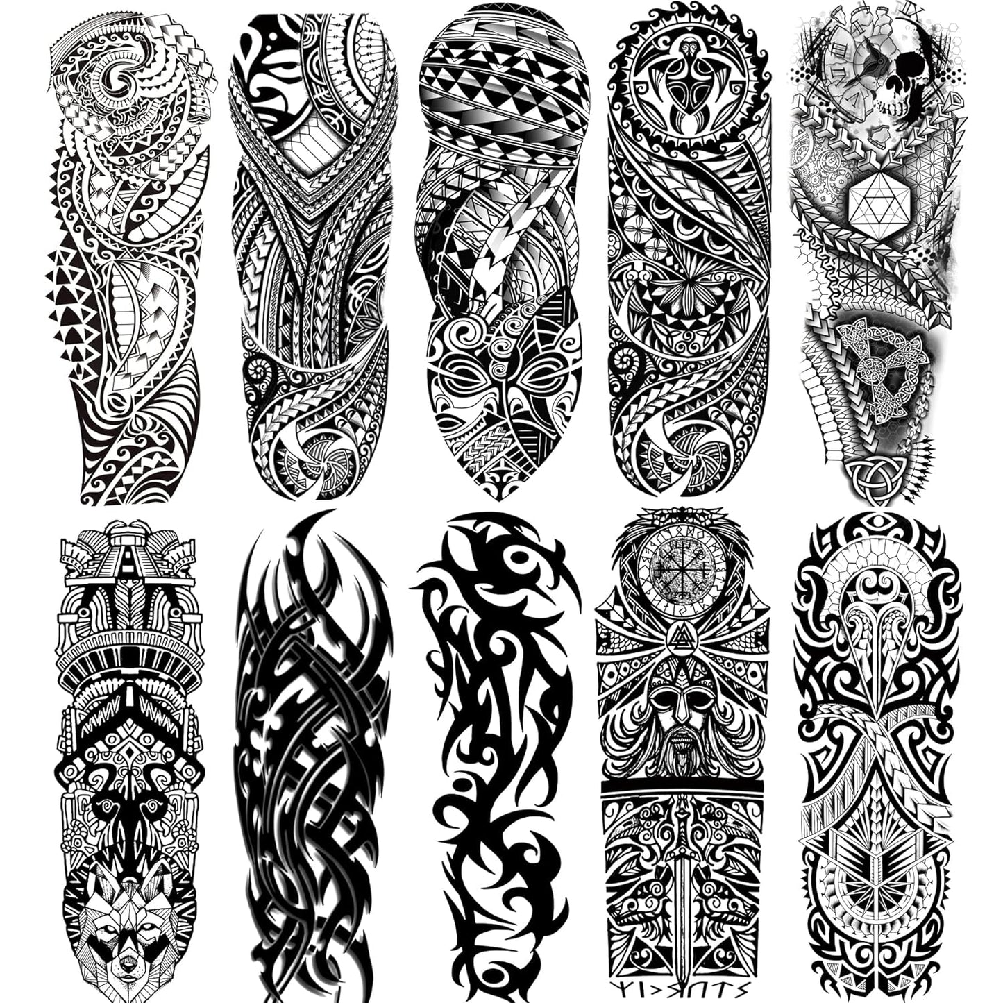 Temporary Sleeve Tattoo for Men & Women - Realistic Tribal Design | Waterproof Full Arm 10-Sheet Set