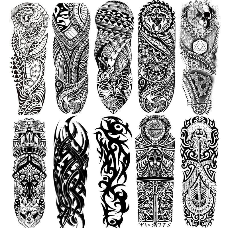 Temporary Sleeve Tattoo for Men & Women - Realistic Tribal Design | Waterproof Full Arm 10-Sheet Set